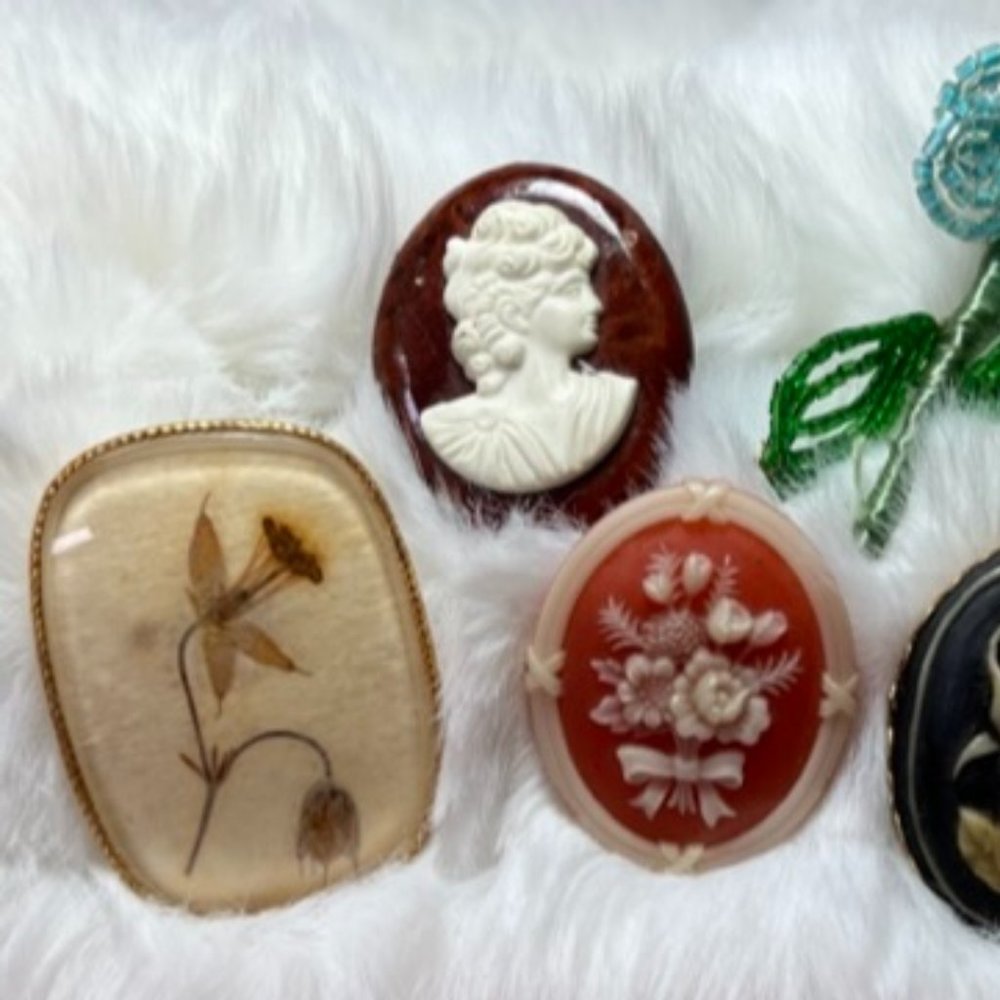 Lot of 5 Vintage Pins Cameo Floral